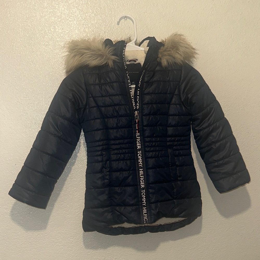 Tommy Hilfiger Kids Navy Puffer Jacket with Faux Fur Trim